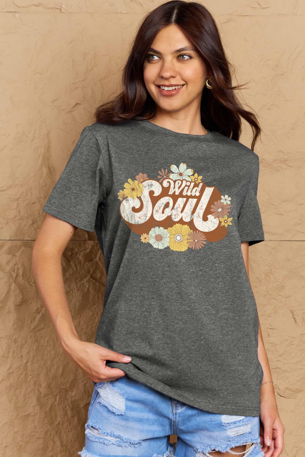 Rosy Brown Simply Love Full Size WILD SOUL Graphic Cotton T-Shirt Graphic Tees