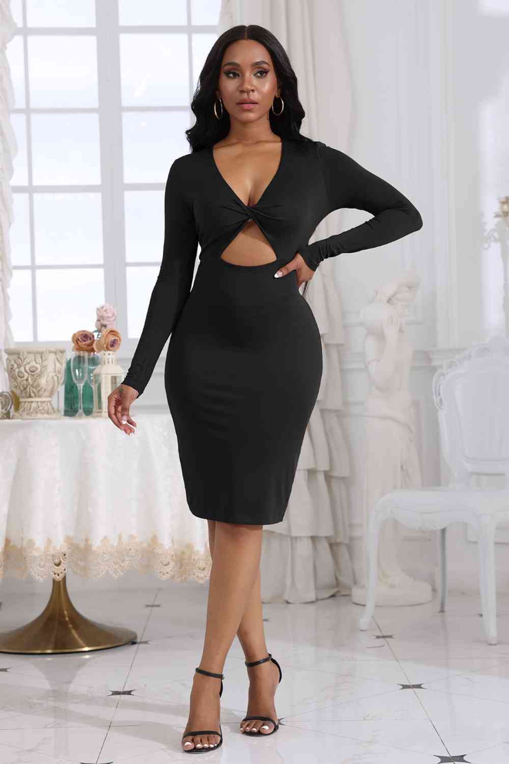 Light Gray Cutout Twisted Long Sleeve Dress Holiday