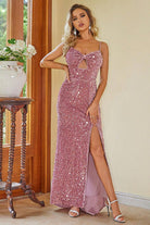 Rosy Brown Party Sequin Slit Spaghetti Strap Dress New Year Looks