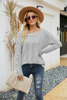 Gray Scalloped Boat Neck Openwork Tunic Sweater Shirts & Tops