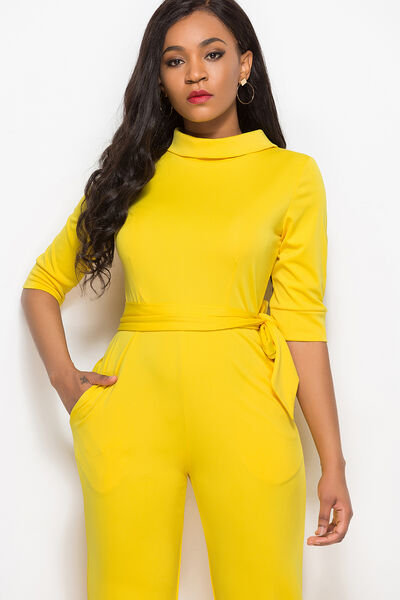 Goldenrod Mock Neck Tie-Waist Half Sleeve Jumpsuit Clothes