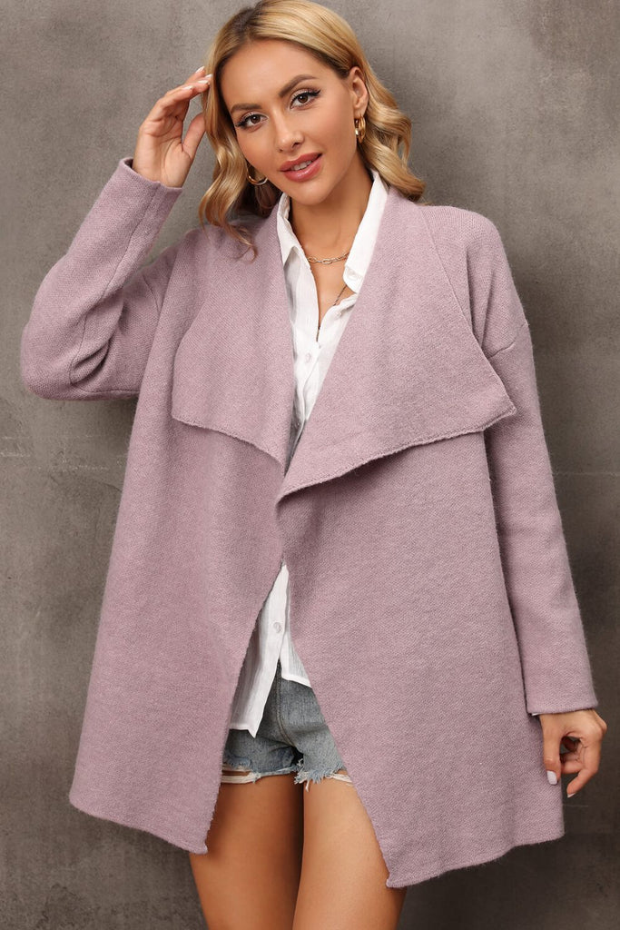 Rosy Brown Waterfall Collar Longline Cardigan with Side Pockets