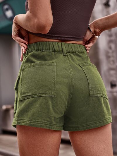Dark Olive Green High Waist Denim Shorts with Pockets Denim