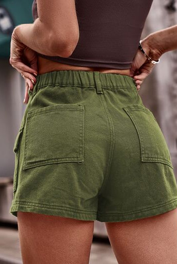 Dark Olive Green High Waist Denim Shorts with Pockets Denim