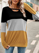 Gray Color Block Cutout Round Neck Long Sleeve T-Shirt Holiday