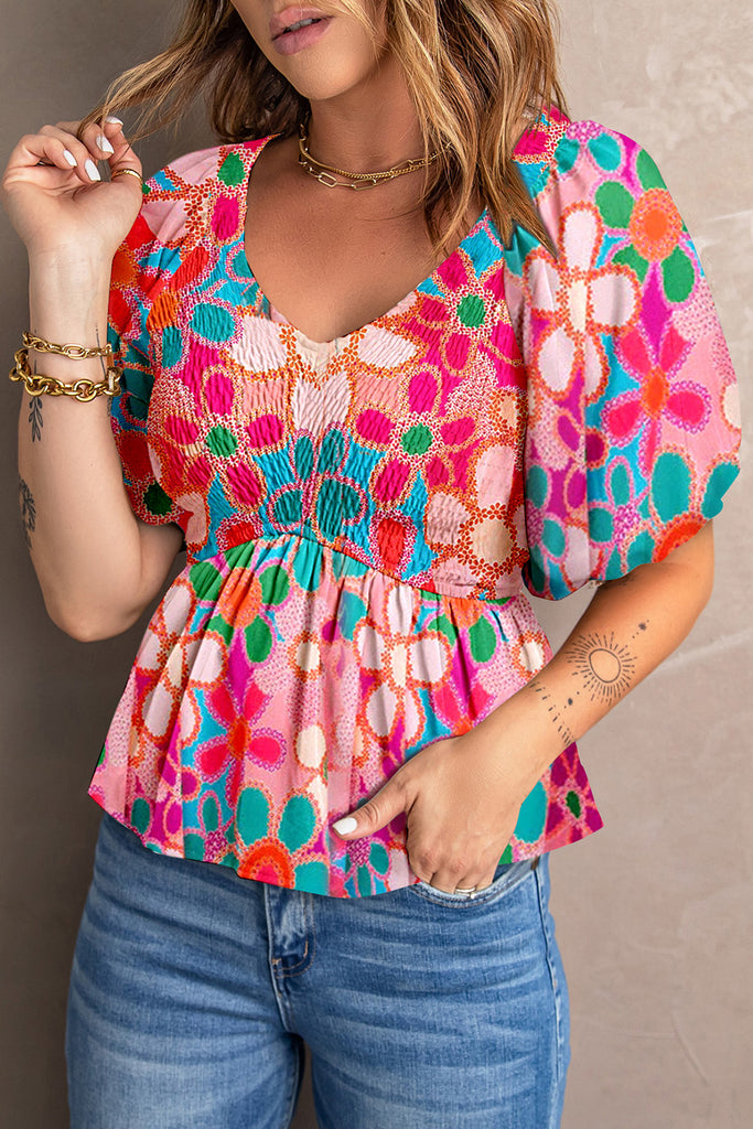 Rosy Brown Printed V-Neck Babydoll Blouse Tops
