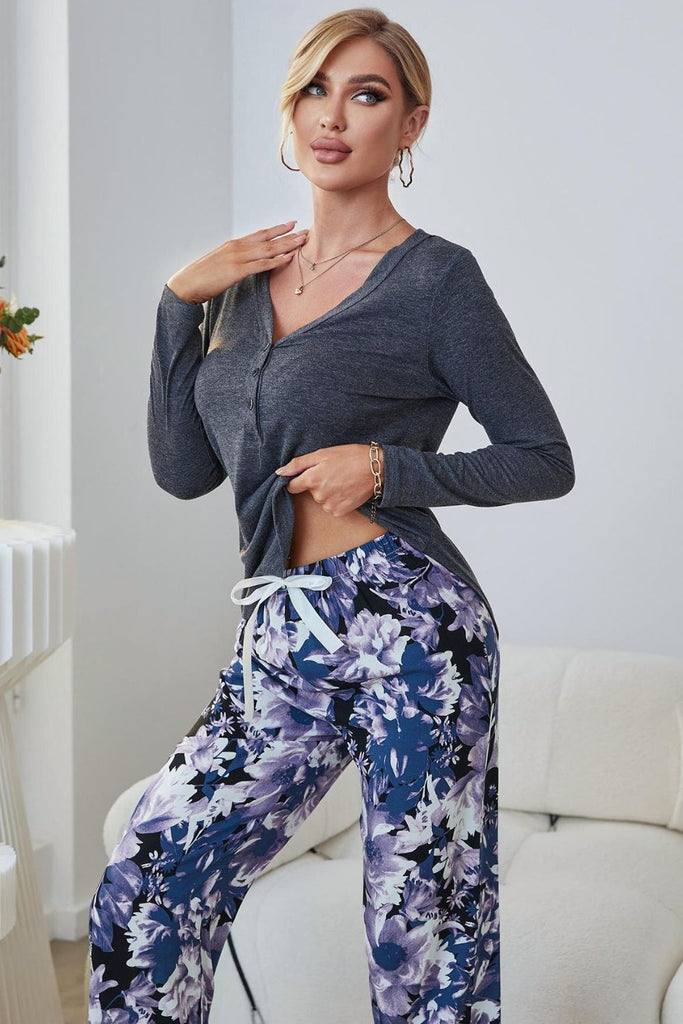 Gray V-Neck Henley Top and Floral Pants Lounge Set Pajamas