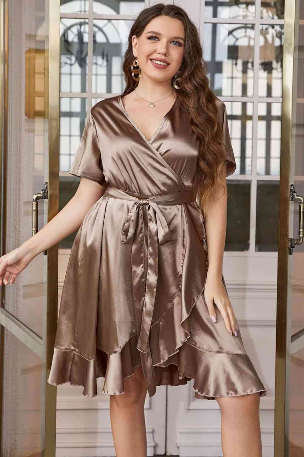 Rosy Brown Plus Size Belted Ruffled Surplice Dress Holiday