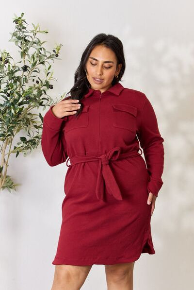 Light Gray Culture Code Full Size Tie Front Half Zip Long Sleeve Shirt Dress Plus Size Clothing