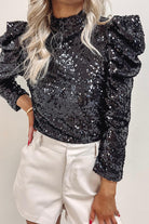 Dark Slate Gray Sequin Mock Neck Leg-Of-Mutton Sleeve Top Holiday