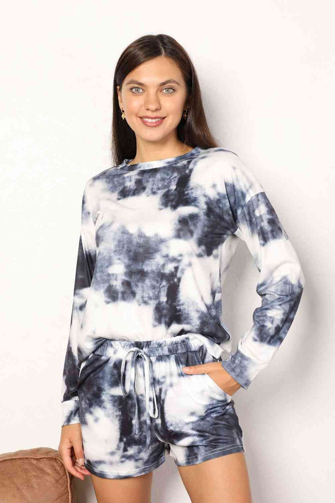 Beige Double Take Tie-Dye Round Neck Top and Shorts Lounge Set Loungewear