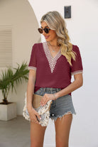 Rosy Brown Contrast V-Neck Swiss Dot Top Clothing