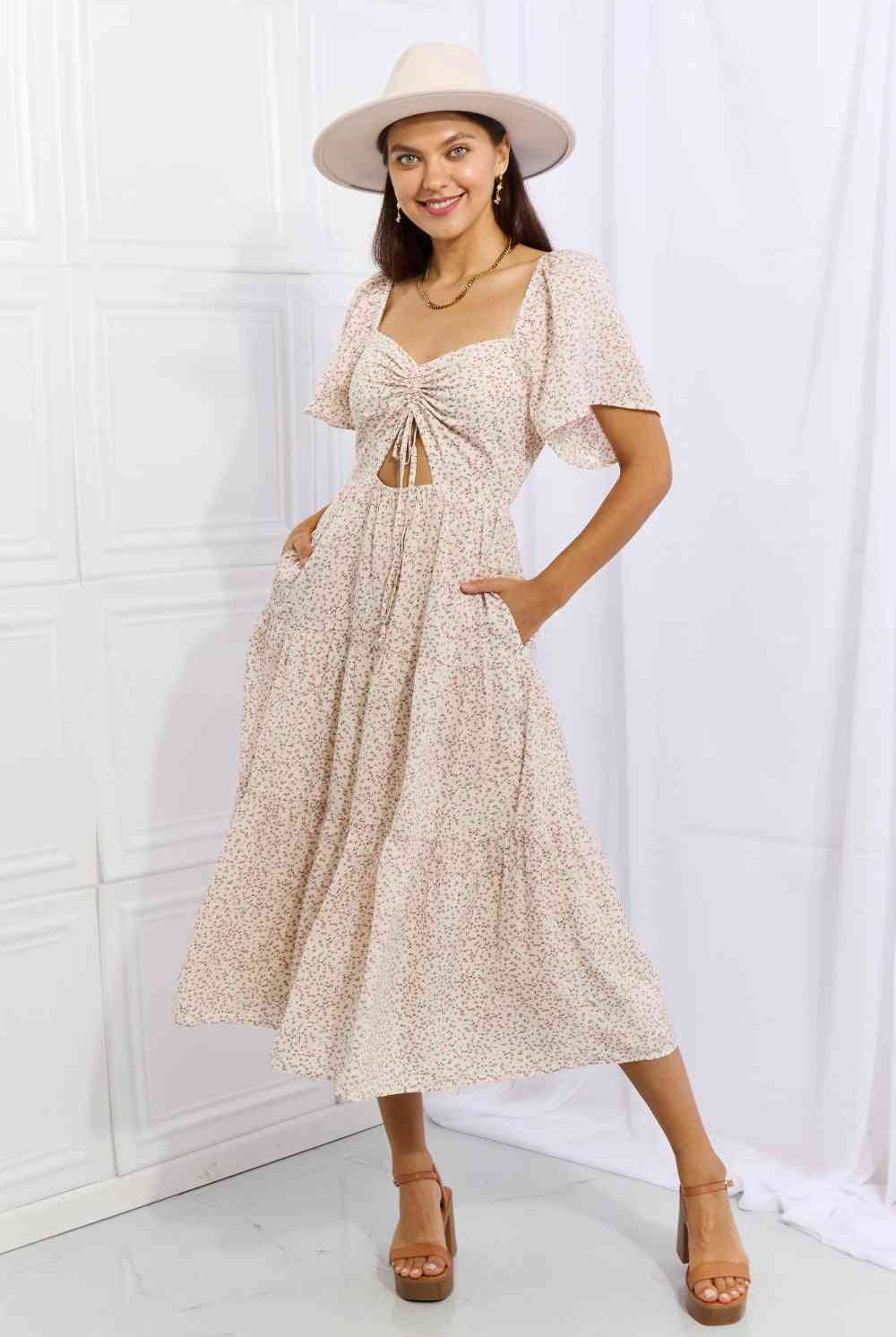 Light Gray HEYSON Let It Grow Full Size Floral Tiered Ruffle Midi Dress Clothing