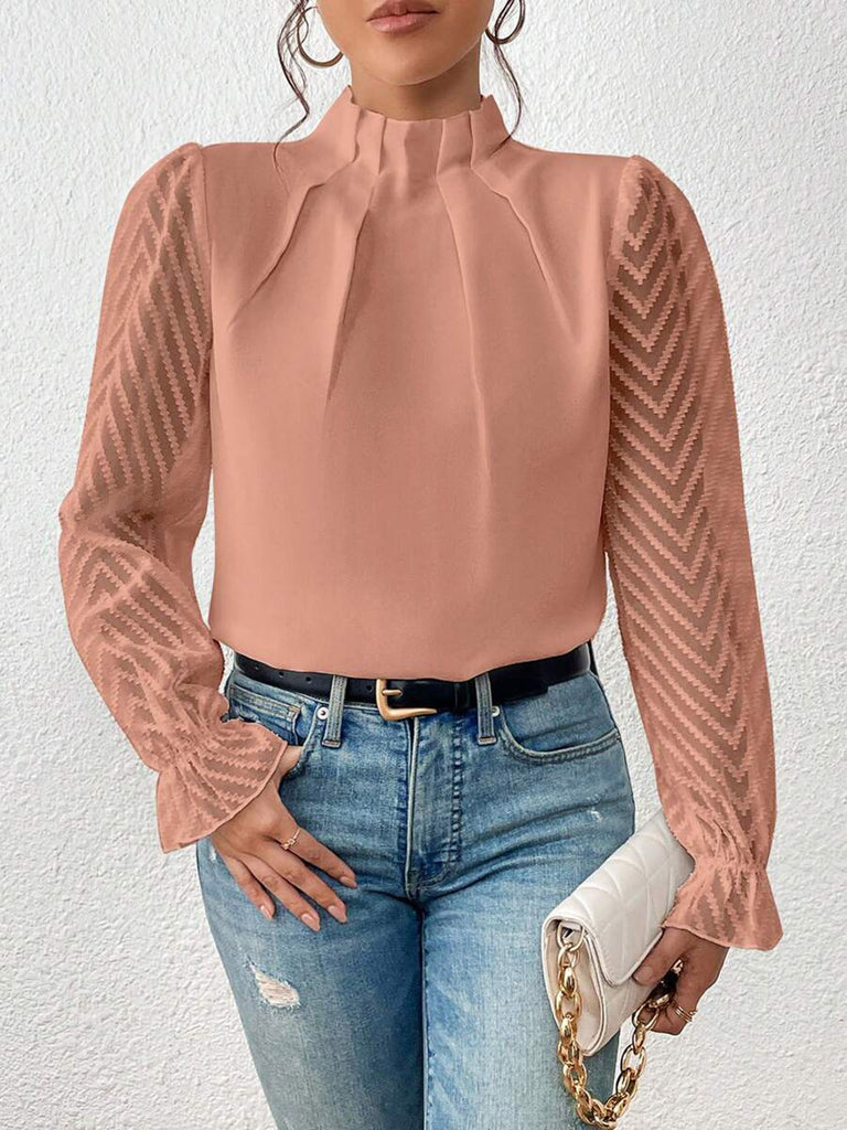Rosy Brown Mock Neck Flounce Sleeve Blouse Clothing
