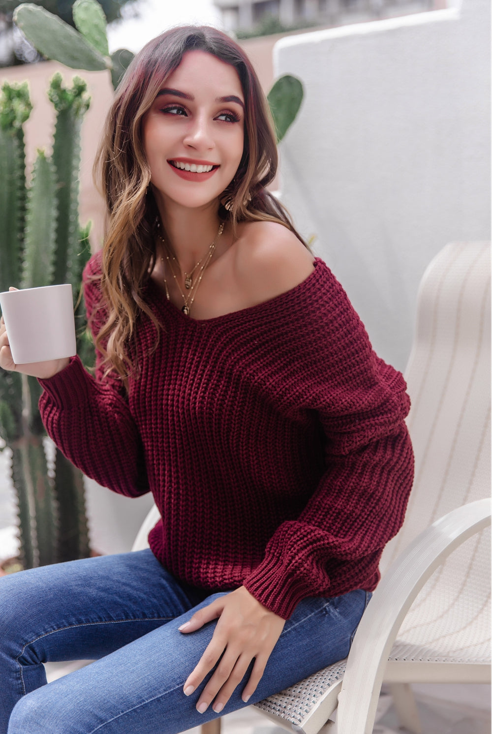 Gray Groovy Gal V-Neck Ribbed Knit Sweater Sweaters