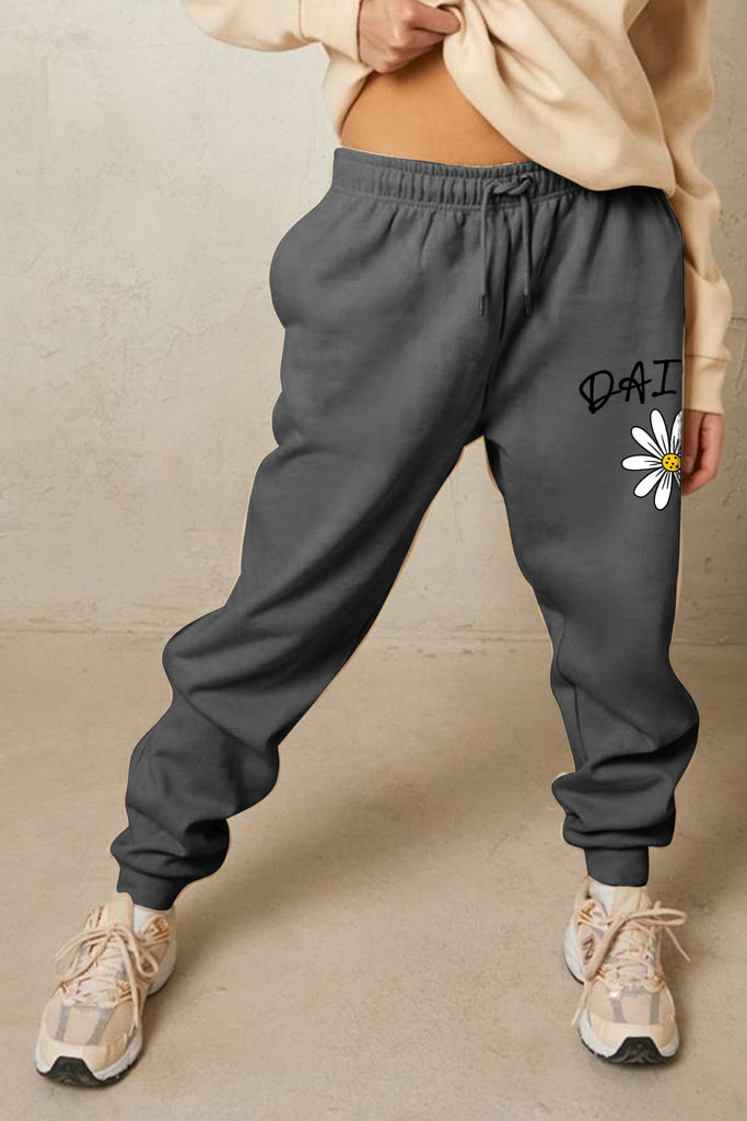 Rosy Brown Simply Love Simply Love Full Size Drawstring DAISY Graphic Long Sweatpants Sweatpants