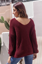 Gray Groovy Gal V-Neck Ribbed Knit Sweater Sweaters