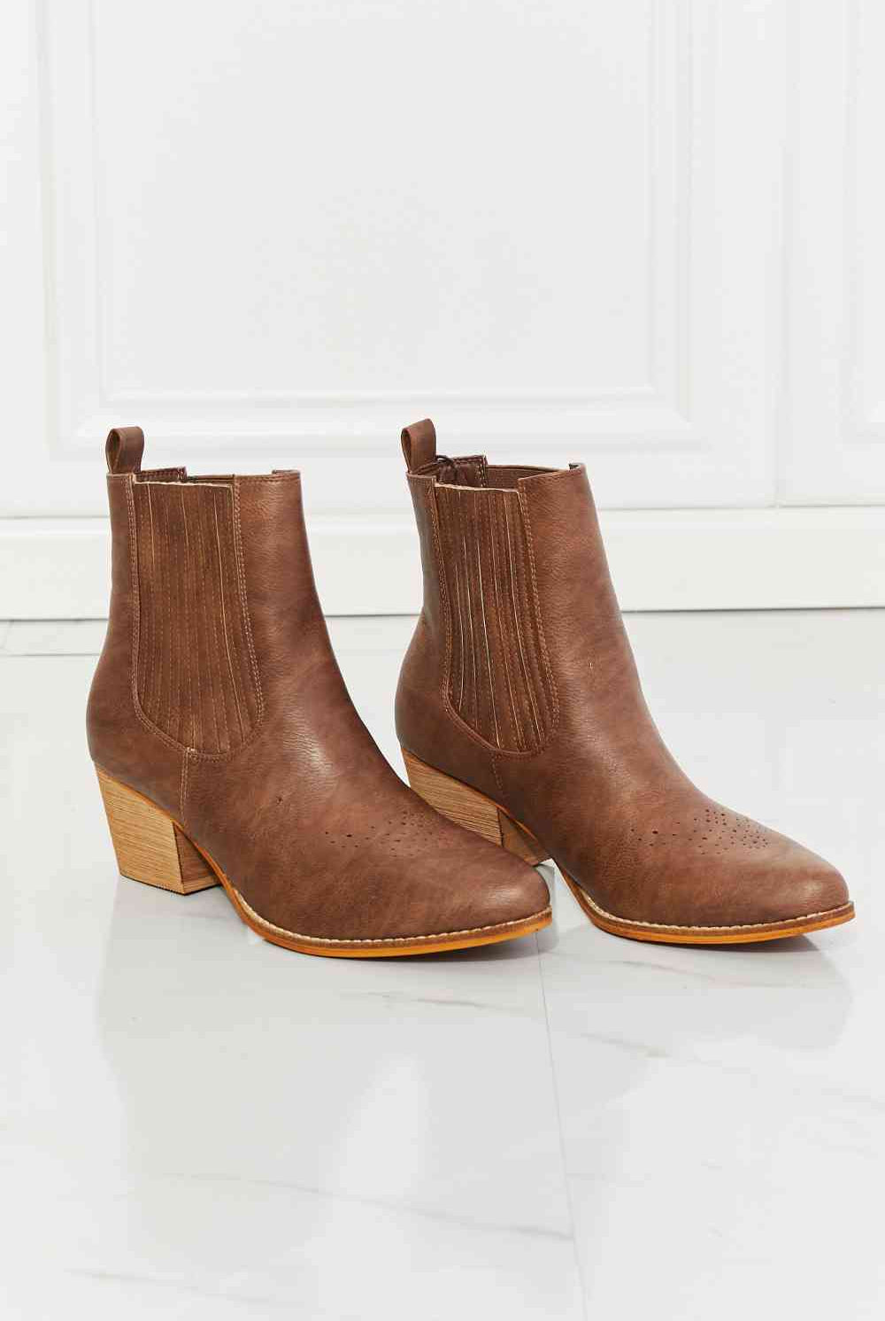 Lavender MMShoes Love the Journey Stacked Heel Chelsea Boot in Chestnut Shoes