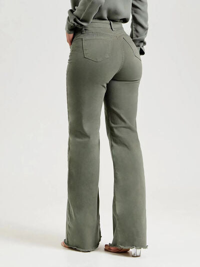 Dark Olive Green Buttoned Raw Hem Jeans with Pockets Denim