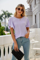 Gray Eyelet Flutter Sleeve Round Neck Top Tops