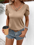 Rosy Brown Strappy V-Neck Petal Sleeve Top Tops