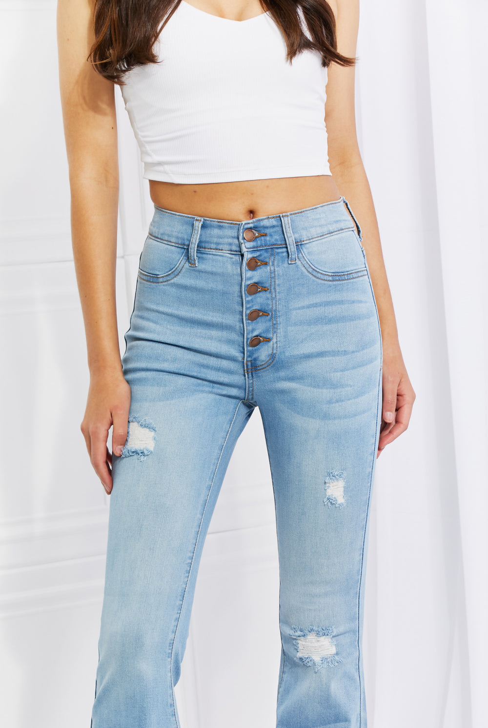 Light Gray Vibrant MIU Full Size Jess Button Flare Jeans