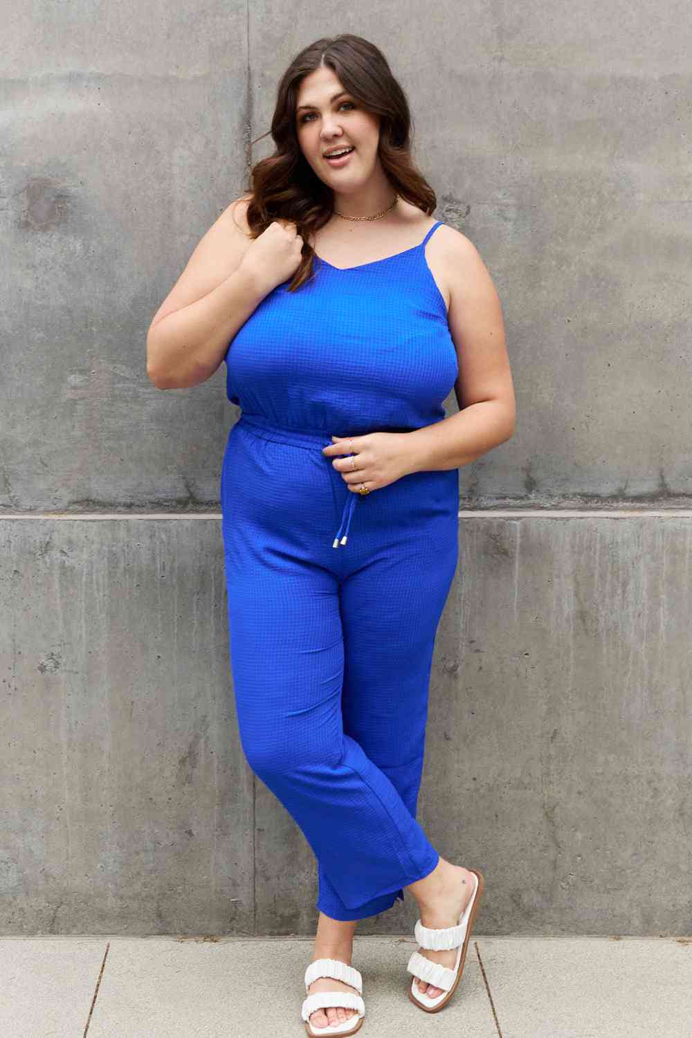 Rosy Brown ODDI Full Size Textured Woven Jumpsuit in Royal Blue Clothing