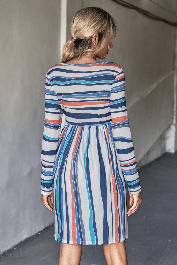 Slate Gray Striped Round Neck Long Sleeve Tee Dress