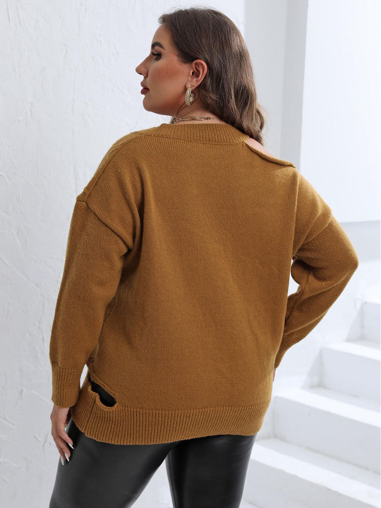 Light Gray Plus Size Cutout V-Neck Sweater Clothing