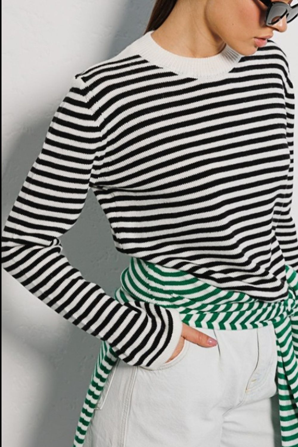 Gray Striped Round Neck Long Sleeve Sweater Clothing