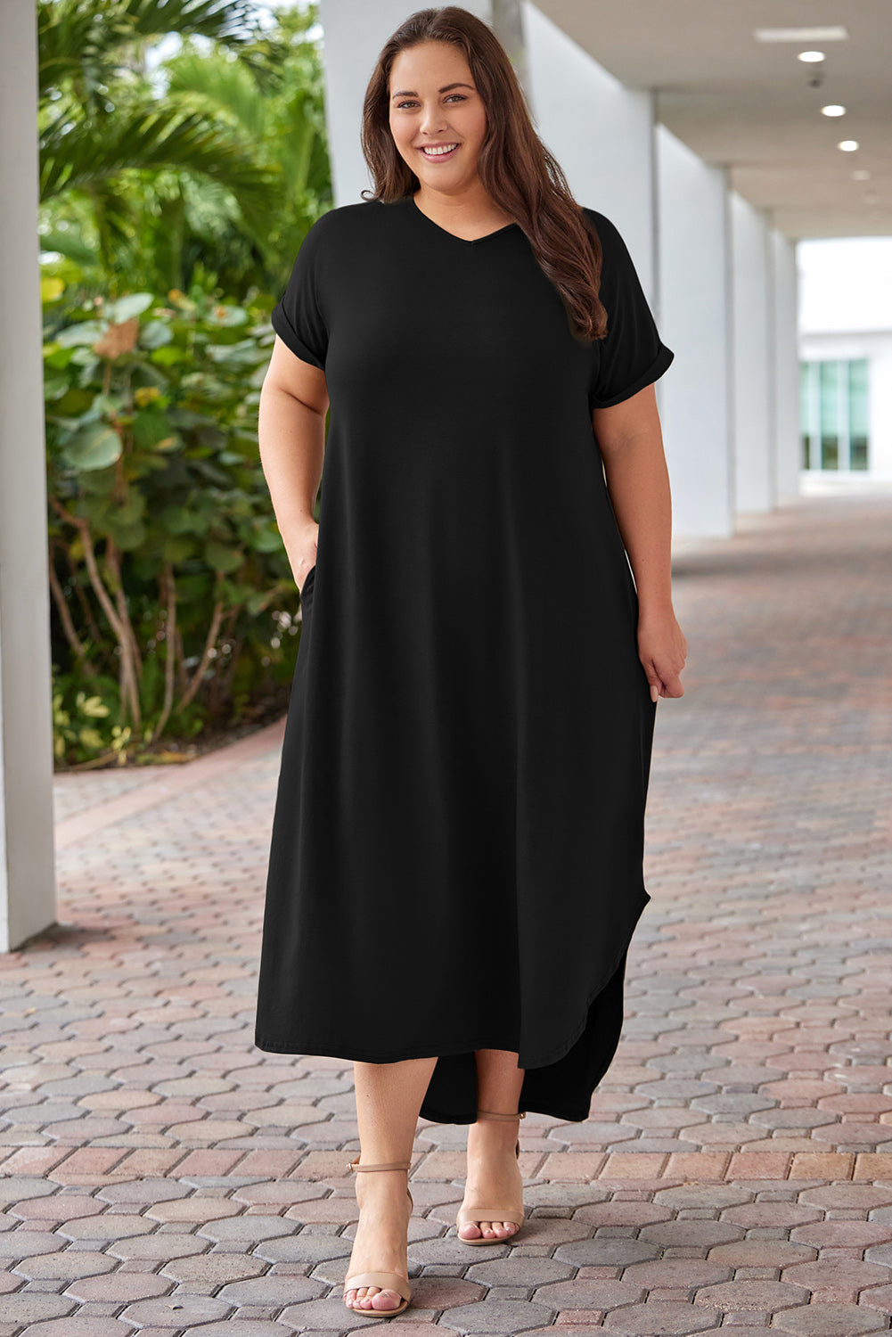 Dark Gray Plus Size V-Neck Short Sleeve Maxi Dress Clothing