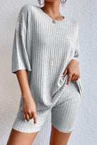 Gray Round Neck Ribbed Top and Shorts Lounge Set Clothing