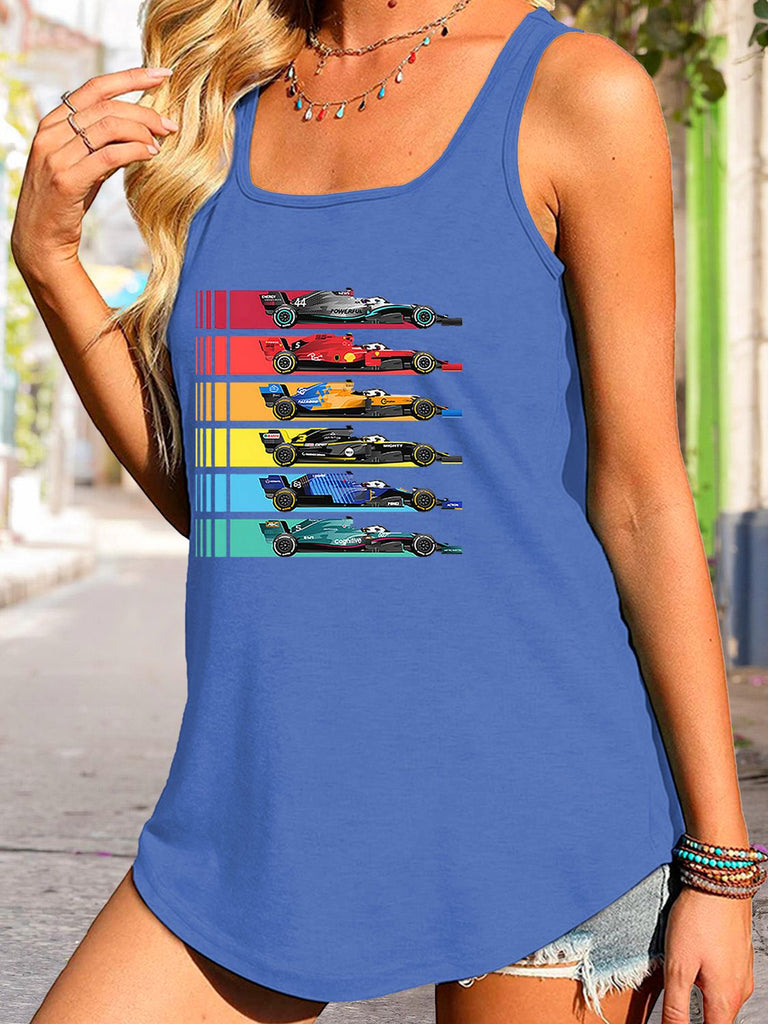 Steel Blue Scoop Neck Race Car Graphic Tank Top Graphic Tees
