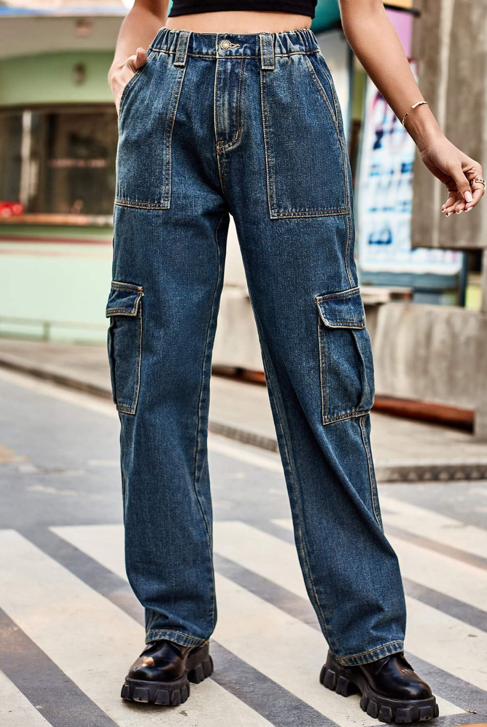 Gray Long Straight Leg Jeans with Pockets Denim