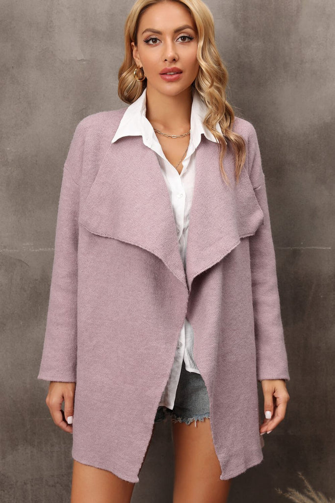 Rosy Brown Waterfall Collar Longline Cardigan with Side Pockets