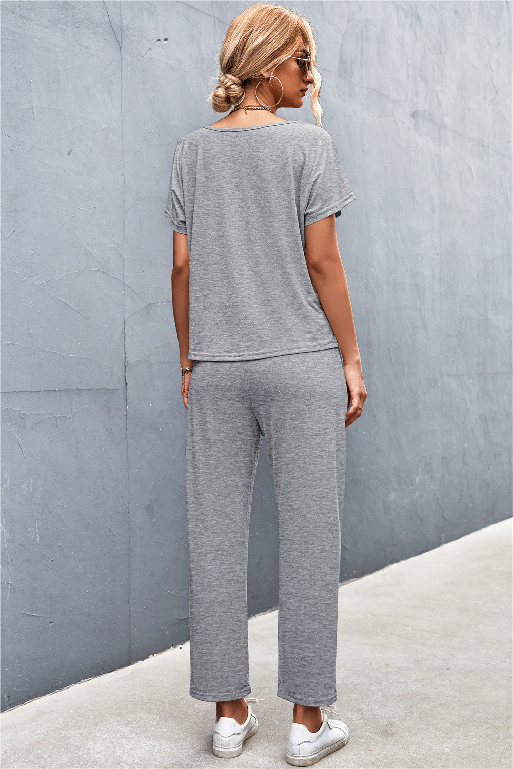 Dark Gray V-Neck Short Sleeve T-Shirt and Drawstring Waist Pants Set Outfit Sets