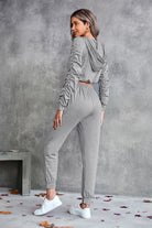 Dark Gray Ruched Raglan Sleeve Hoodie and Joggers Set Outfit Sets