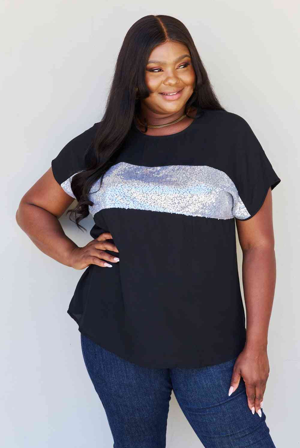 Light Gray Sew In Love Shine Bright Full Size Center Mesh Sequin Top in Black/Silver Clothing