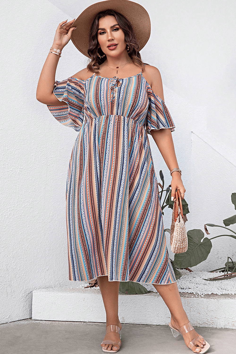 Light Gray Plus Size Striped Cold-Shoulder Dress Clothing