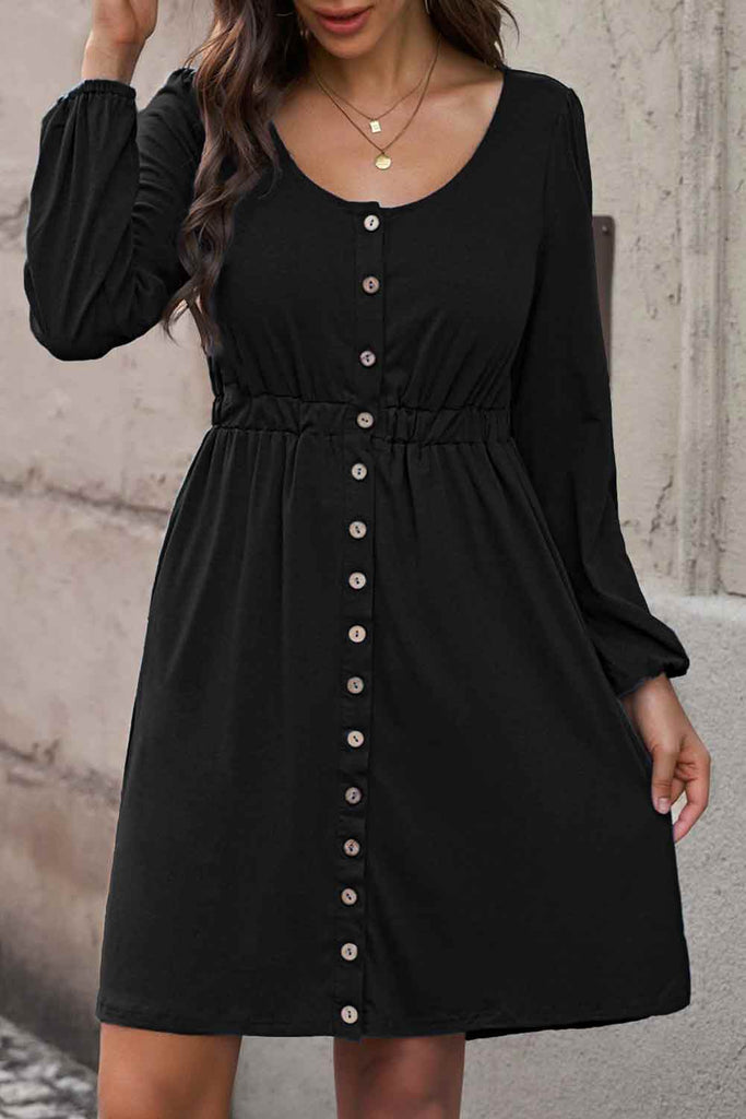 Black The Magic Dress Scoop Neck Empire Waist Long Sleeve Mini Dress Casual Dresses