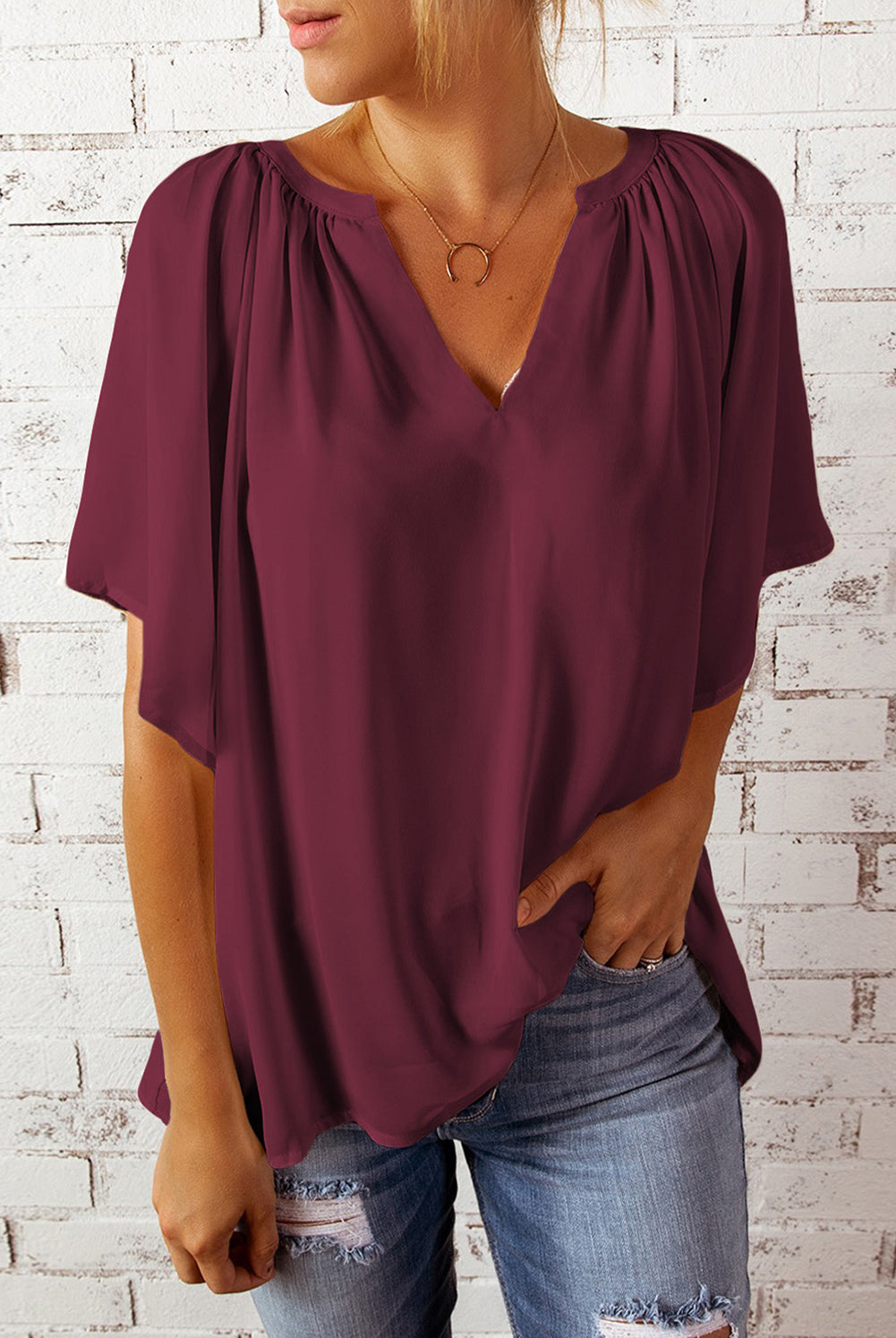 Saddle Brown Simply Chic Gathered Detail Notched Neck Flutter Sleeve Top Tops