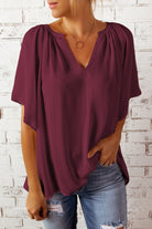 Saddle Brown Simply Chic Gathered Detail Notched Neck Flutter Sleeve Top Tops
