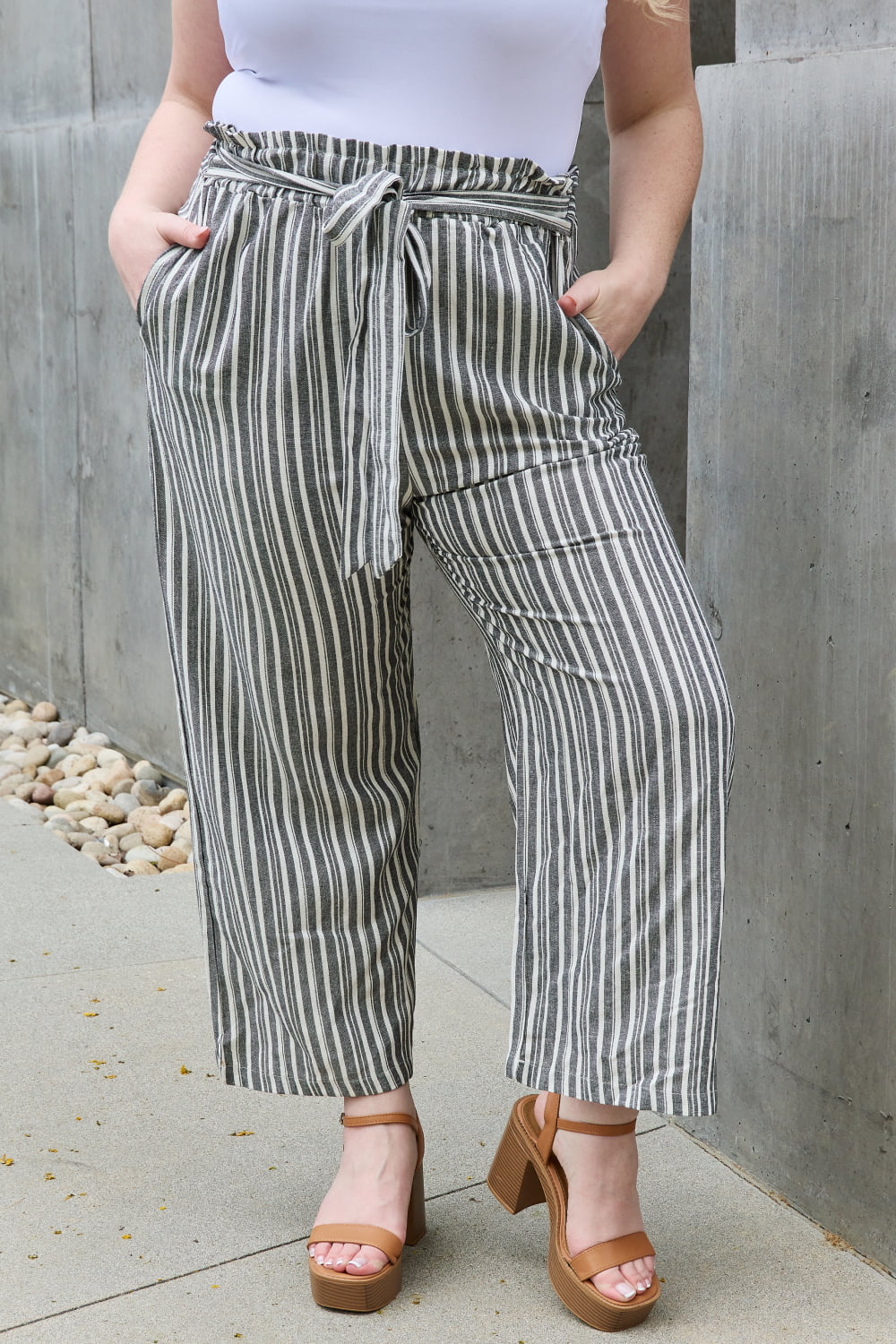 Light Slate Gray Heimish Find Your Path Full Size Paperbag Waist Striped Culotte Pants