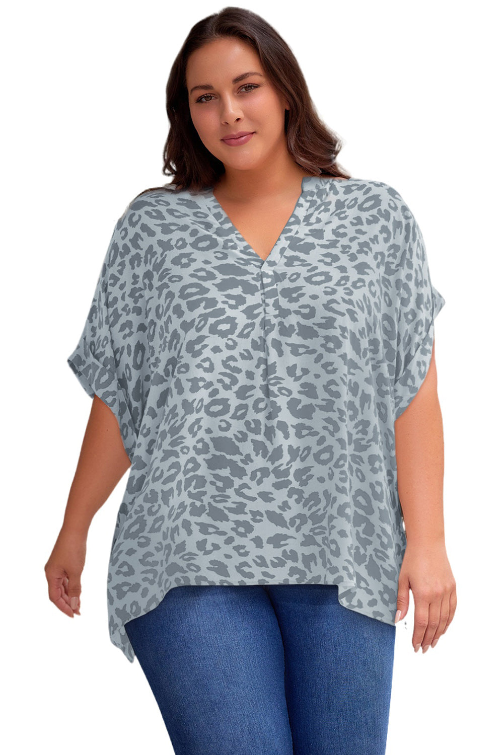 Light Slate Gray Plus Size Printed Notched Neck Half Sleeve Top Tops