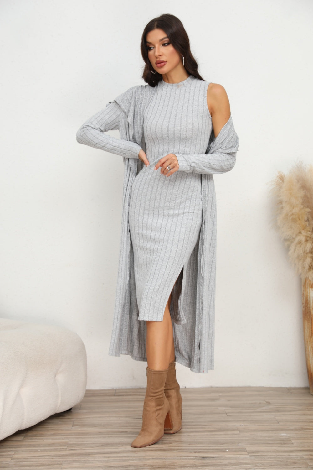 Light Gray Slit Dress and Longline Cardigan Set