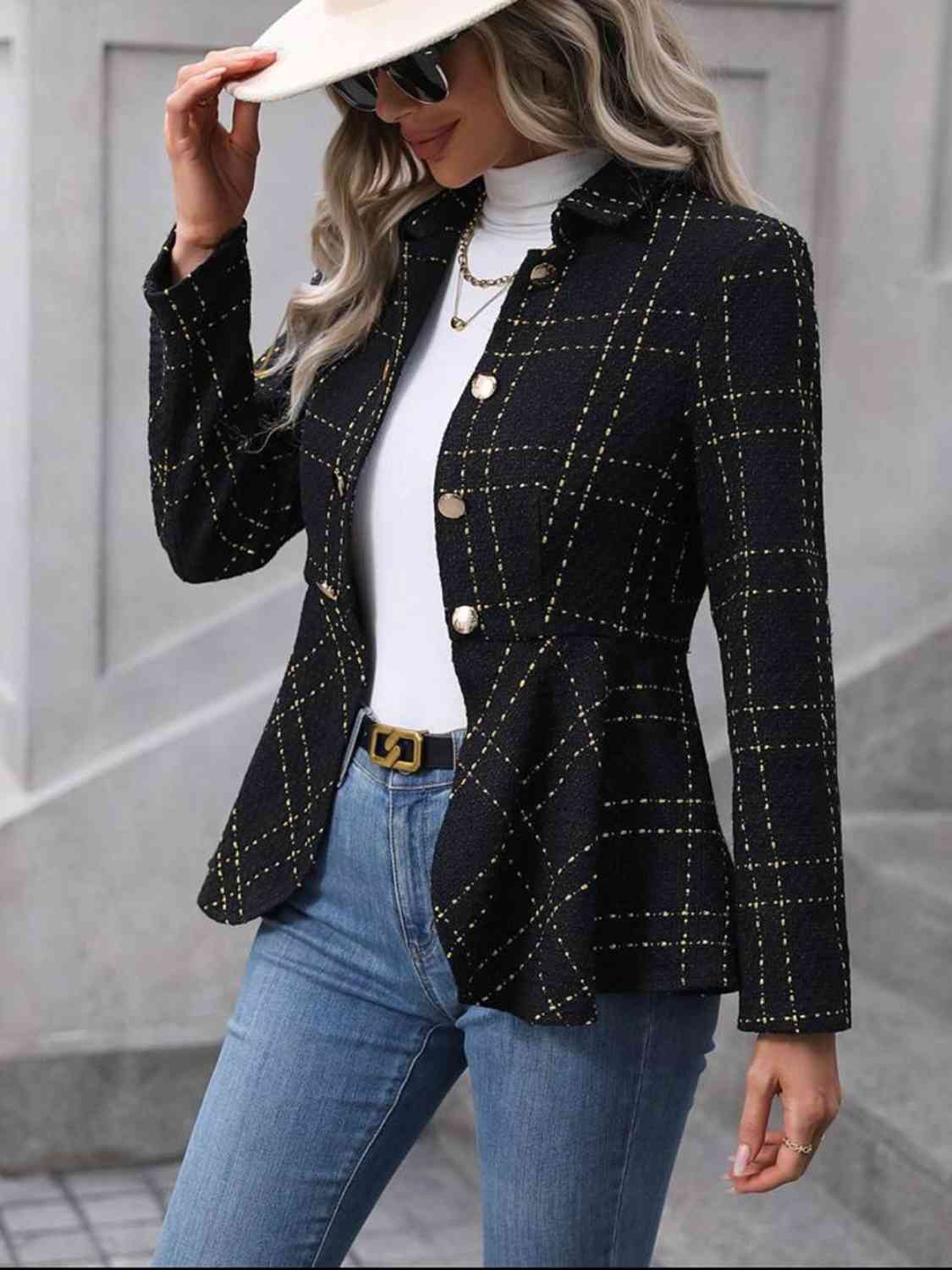 Dark Slate Gray Ruffle Hem Collared Blazer Clothes