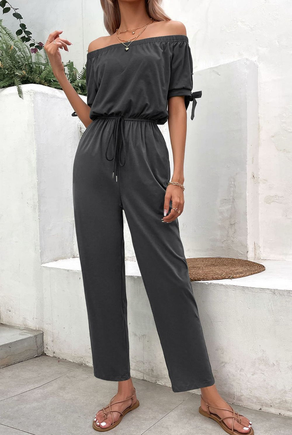 Light Gray Off-Shoulder Tie Cuff Jumpsuit with Pockets Clothing