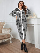 Gray Plus Size Houndstooth Button-Down Long Sleeve Dress Clothing