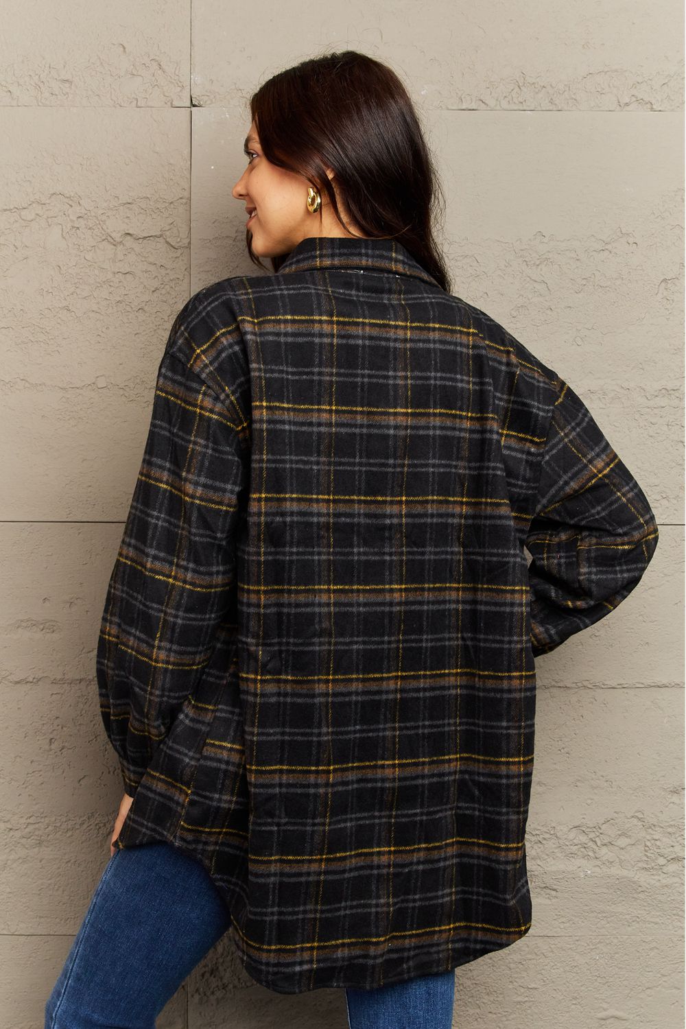 Dark Gray Ninexis Full Size Plaid Collared Neck Button-Down Long Sleeve Jacket
