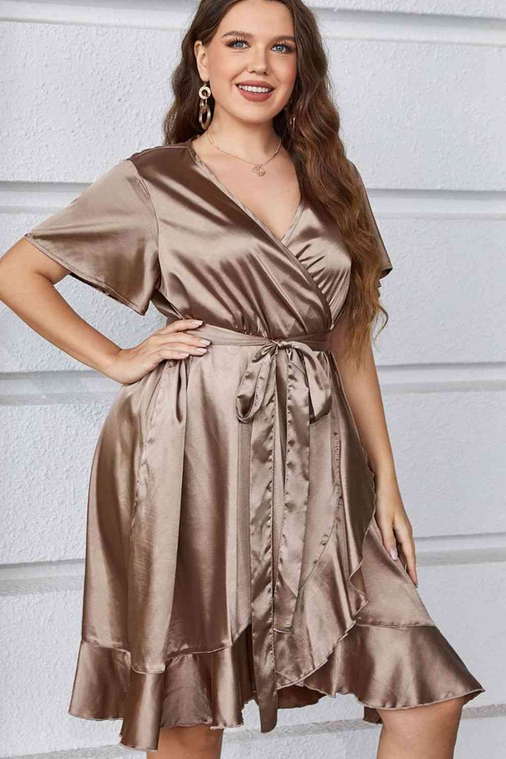 Gray Plus Size Belted Ruffled Surplice Dress Holiday